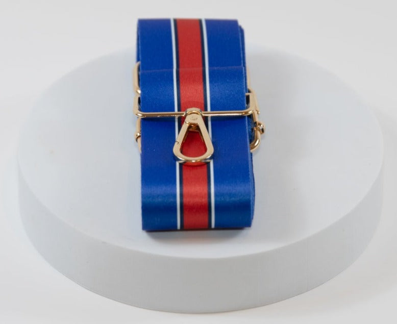 Elegant crossbody strap shown in Buffalo Bills team colors of blue and red.