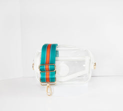 Clear Stadium bag in white leather trim, front facing, with a crossbody strap in Miami Dolphins colors.