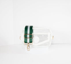 Clear Stadium Bag in white leather trim, front facing, with a crossbody strap in New York Jets team colors.