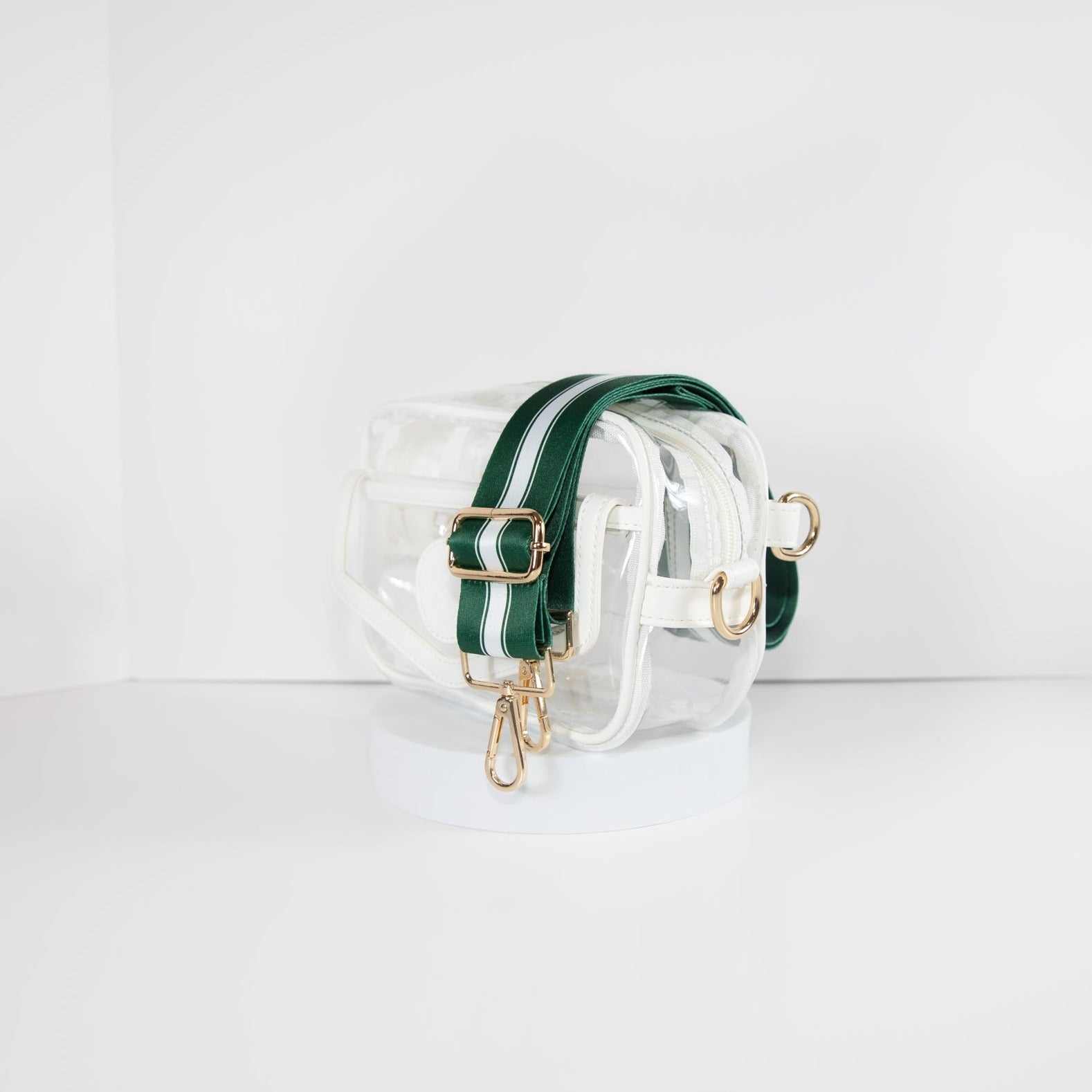Clear Stadium Bag in white leather trim, side facing, with a crossbody strap in New York Jets team colors.