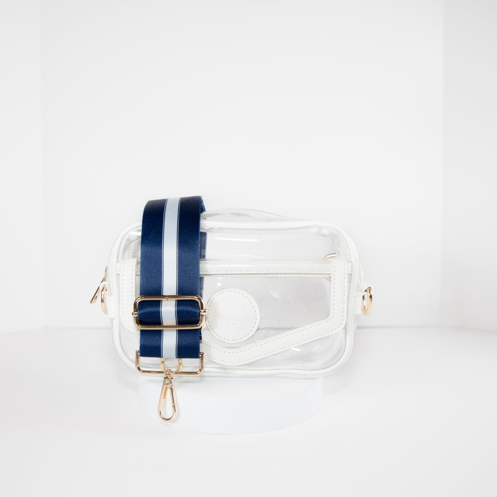 Clear stadium bag in white trim, front facing, with a crossbody strap in Penn State Nittany Lion colors.