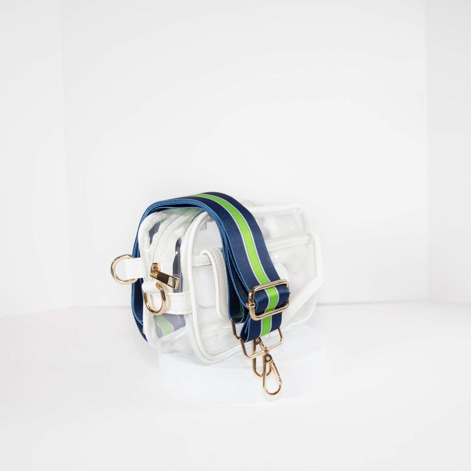 Clear Stadium Bag, in white, side facing with Seattle Seahawks colored strap