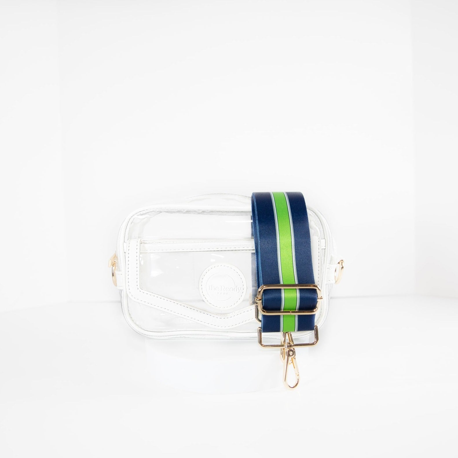 Clear Stadium Bag, in white, front facing with Seattle Seahawks colored strap