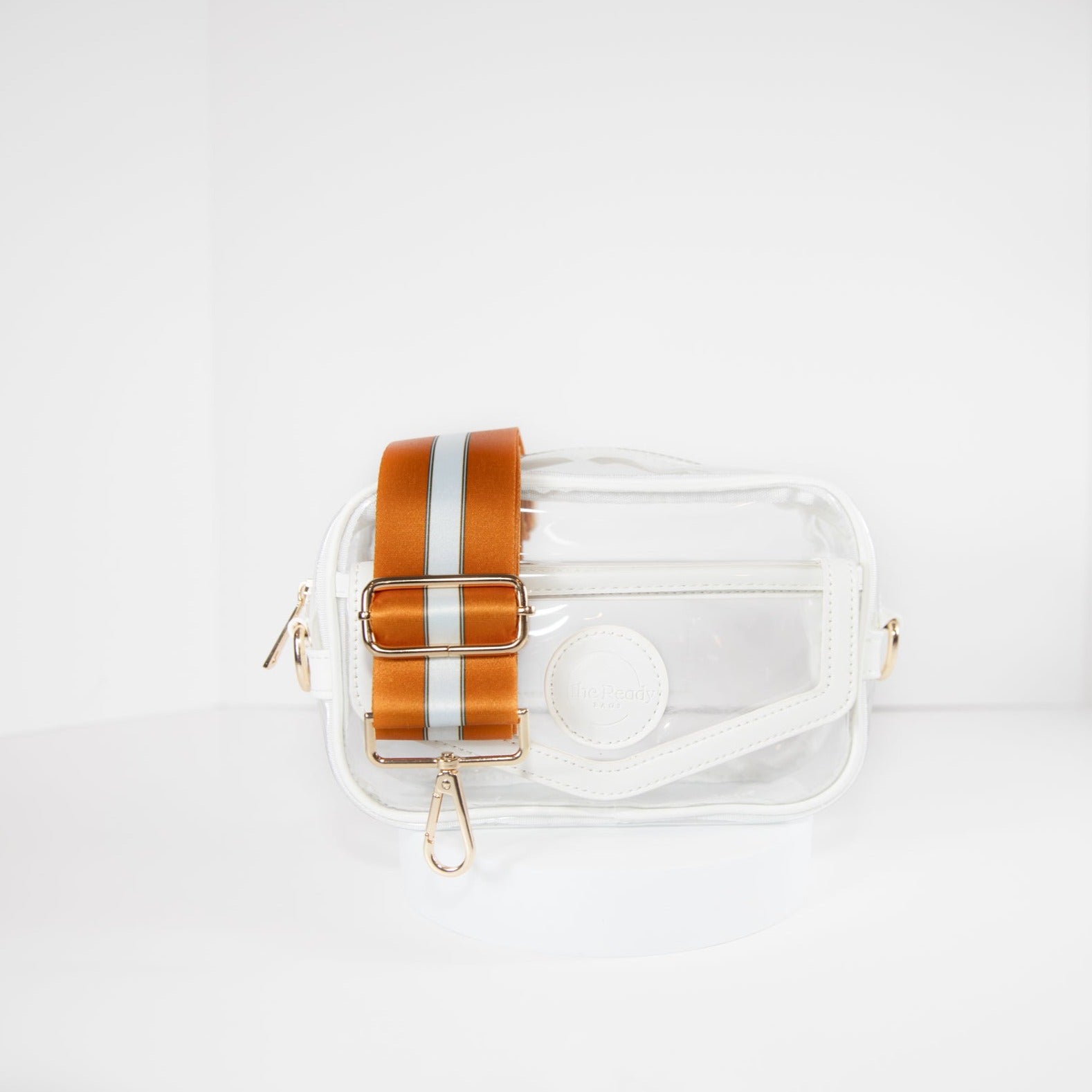 White Clear Stadium Bag, front facing, with the strap in team colors for University of Texas Austin 