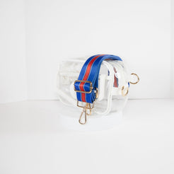 Clear stadium bag with white leather trim, side facing, with a crossbody strap in Buffalo Bills colors.