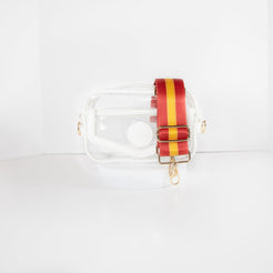 Clear stadium bag in white leather trim, front facing, with a crossbody strap in Kansas City Chiefs team colors.
