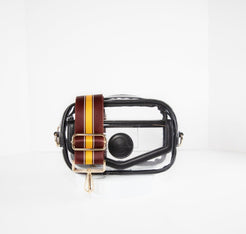 Clear stadium bag in black leather trim, front facing, with a strap in the colors of the Washington Commanders.