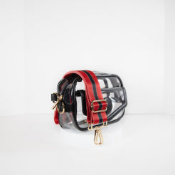 Clear stadium bag with black leather trim, side facing, with a crossbody strap in team colors of the Georgia Bulldogs.