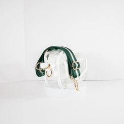 Clear Stadium Bag in white leather trim, side facing, with a crossbody strap in New York Jets team colors.