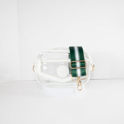 Clear Stadium Bag in white leather trim, front facing, with a crossbody strap in New York Jets team colors.