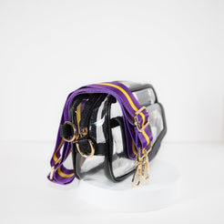 Clear Stadium Bag in black leather trim, side facing, with strap colors for LSU Tiger fans.