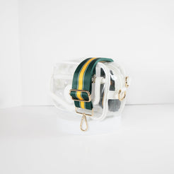 Clear Stadium Bag in white leather trim, side facing, with a strap in the team colors of the Green Bay Packers.