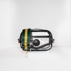 Clear Stadium Bag in black leather trim, front facing, with a strap in the team colors of the Green Bay Packers.