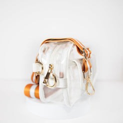 White Clear Stadium Bag, side facing, with the strap in team colors for University of Texas Austin 