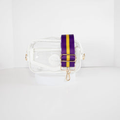 Clear Stadium Bag in white leather trim, front facing, with strap colors for LSU Tiger fans.