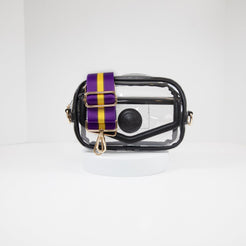 Clear Stadium Bag in black leather trim, front facing, with strap colors for LSU Tiger fans.