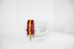 Clear stadium bag in white leather trim, front facing, with a crossbody strap in USC Trojan team colors.
