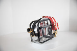Clear stadium bag in black leather trim, side facing, with a crossbody strap in Wisconsin Badger colors.