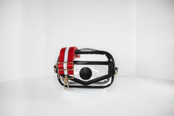 Clear stadium bag in black leather trim, front facing, with a crossbody strap in Wisconsin Badger colors.